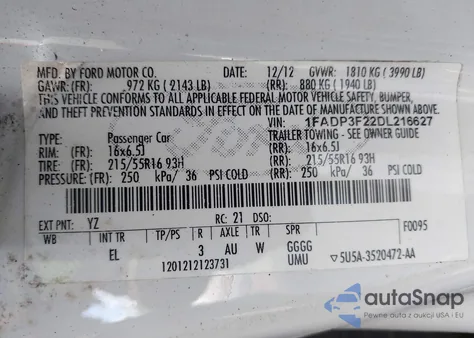 2013 Ford Focus Se z USA, uszkodzony, nr VIN 1FADP3F22DL216627